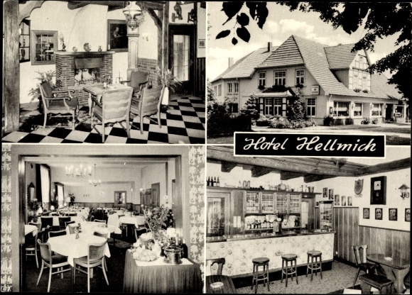 Postcard Malgarten Bramsche in Lower Saxony, Hotel Hellmich, exterior and interior view