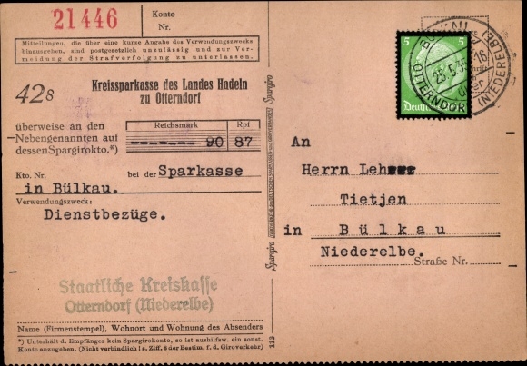 Ak Otterndorf an der Niederelbe, Überweisungsbeleg Kreissparkasse des Landes Hadeln zu Otterndorf