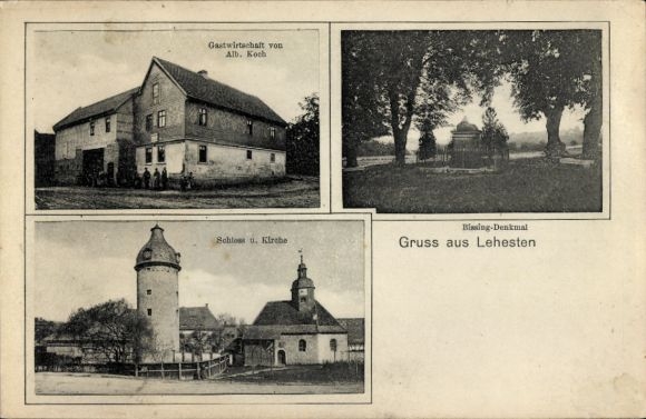 Postcard Lehesten in the Thuringian Forest, Alb. Koch's inn, Bissing monument, castle, and church
