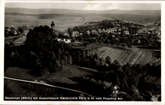 Postcard Neuhütten Wüstenrot in Württemberg, aerial photograph, Steinknickle observation tower