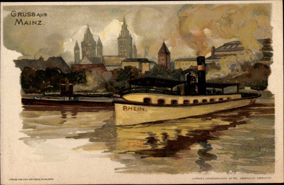 Artist Chromo-Litho Graf, G., Mainz am Rhein, steamer Rhine, city view