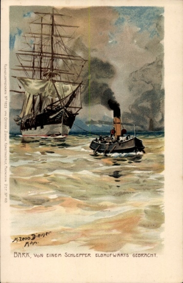 Artist Chromo-Litho Diemer, Zeno, Bark brought upstream by tugboat