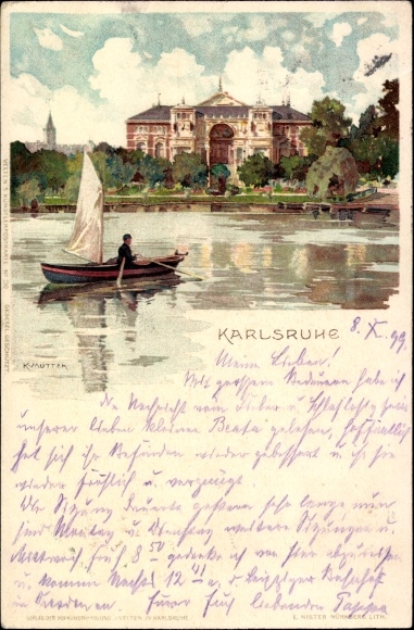Artist Chromo-Litho mother, K., Karlsruhe in Baden, festival hall, small sailing boat