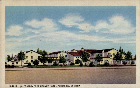 Ak Winslow Arizona USA, Fred Harvey Hotel, La Posada, Architektur im mexikanischen Stil