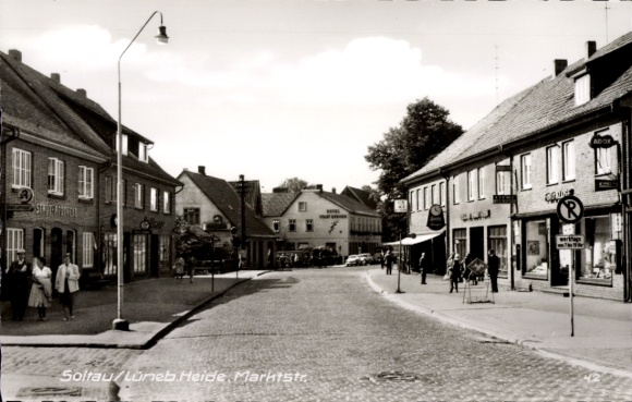Postcard Soltau Lüneburg Heath Lower Saxony, beautiful street view, houses, market street, black-...