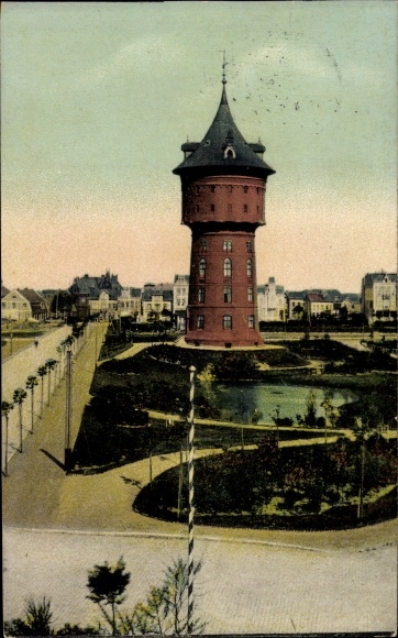 Postcard Nordseebad Cuxhaven, Bahnhofstrasse and water tower