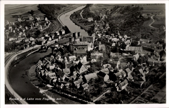 Postcard Runkel an der Lahn, aerial view of Runkel, Lahn, houses and river, views