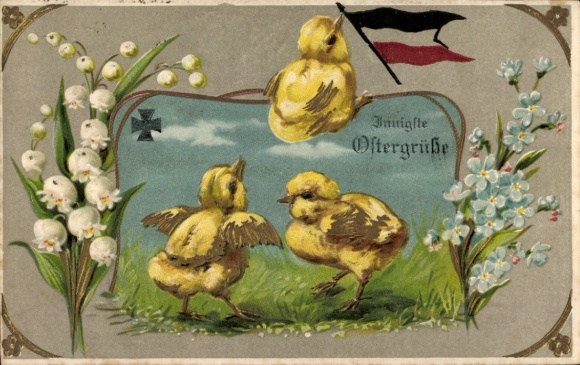 Präge Ak Glückwunsch Ostern, Küken, Maiglöckchen, Fahne, Vergissmeinnicht