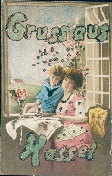 Glitter Postcard Hassel an der Weser, mother, child, window view
