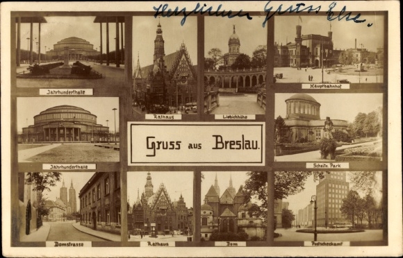 Postcard Wrocław Breslau Silesia, Centennial Hall, City Hall, Liebichshöhe, Central Station