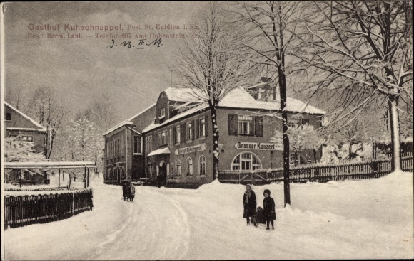 Ansichtkaart Kuhschnappel Sankt Egidien in Saksen, herberg Herm. Lahl, wintergezicht