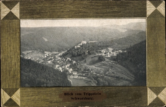 Postcard Schwarzburg in Thuringia, view from the Trippstein, landscape view, Schwarzburg in the background