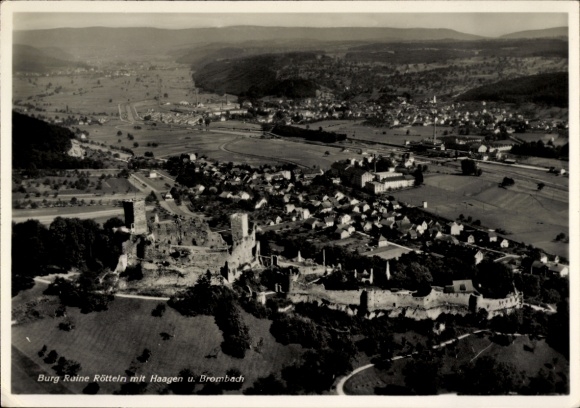 Postcard Rötteln Haagen Lörrach in Baden, castle ruins Rötteln with Haagen and Brombach, aerial photograph