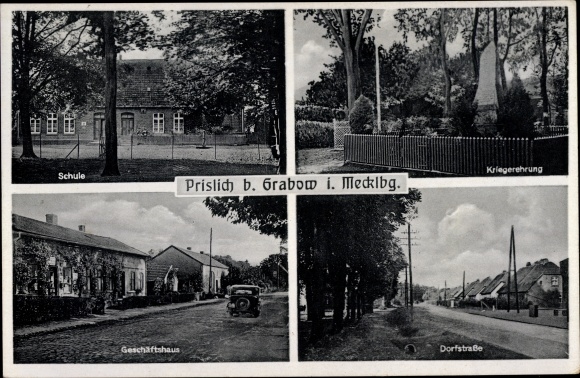 Postcard Prislich in Mecklenburg-Western Pomerania, school, war memorial, commercial building, Dorfstrasse