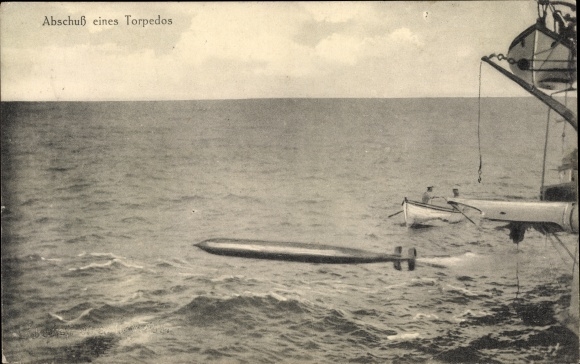 Postcard German warship on the high seas, launching a torpedo