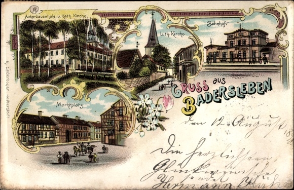 Chromo-Litho Badersleben Huy in the Harz district, farming school, churches, train station, marketplace