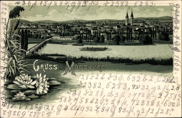 Moonlight Chromo-Litho Moosburg on the Isar in the district of Freising, view of the town and church