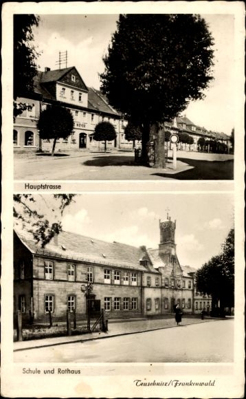 Postcard Teuschnitz in the Franconian Forest, main street, school, town hall