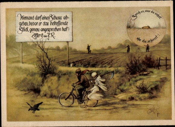Artist Postcard Geilfus, Speak to what you see before you shoot, hunter's primer, cyclist, death