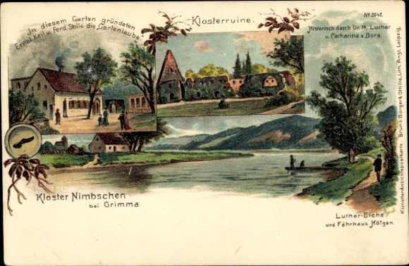 litho Nimbschen Böhlen Grimma in Saksen, kloosterruïne, Luther-eik, veerhuis Höfgen, tuinhuisje
