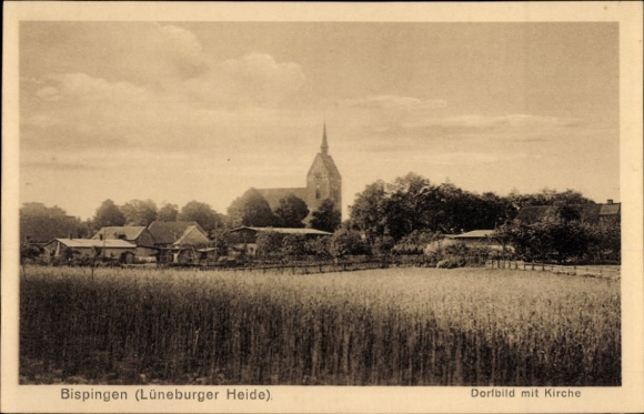 Postcard Bispingen in the Lüneburg Heath, village picture with church, landscape with fields, historical...