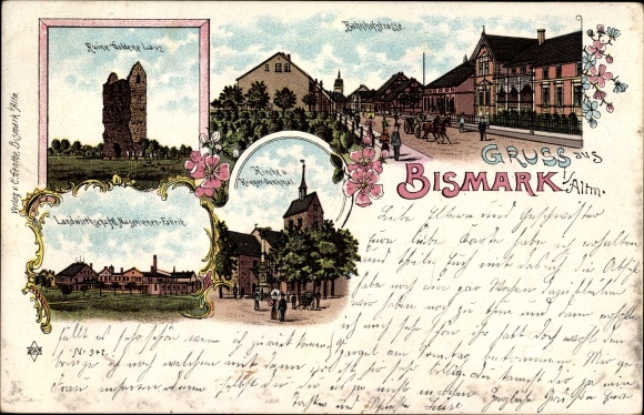 Chromo-Litho Bismark Altmark Saxony Anhalt, ruins of the Golden Laus, church, machine factory, Bahnhofstrasse