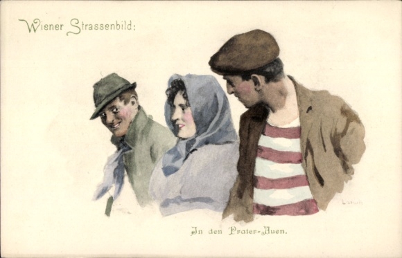 Künstler Ak Wiener Straßenbild, In den Prater Auen, Zwei Männer und eine Frau