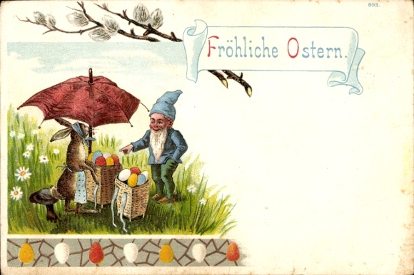 Litho Glückwunsch Ostern, Osterhase, Ostereier, Zwerg, Weidenkätzchen