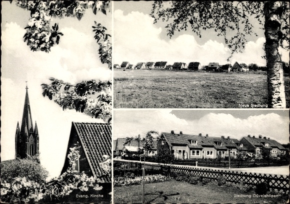 Postcard Tostedt in the district of Harburg, Evangelical Church, settlement Düvelshöpen