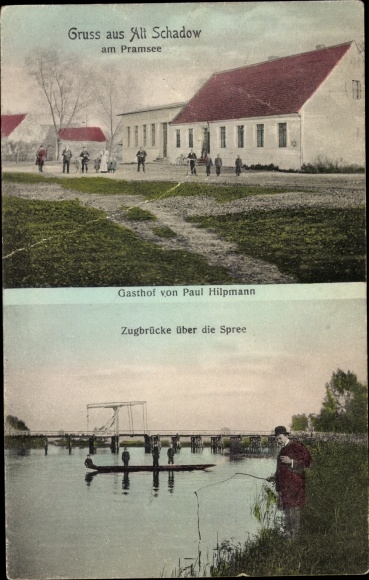 Postcard Alt Schadow Märkische Heide, inn by Paul Hilpmann, drawbridge over the Spree