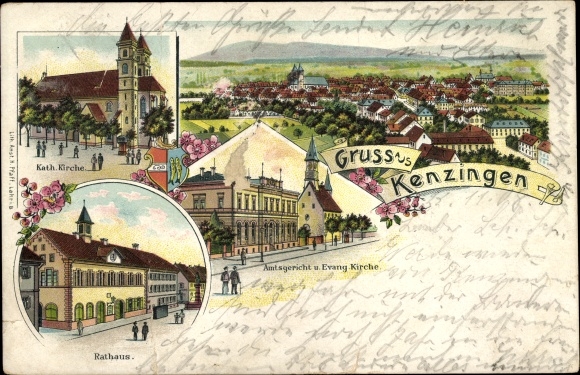 Chromo-Litho Kenzingen im Breisgau Baden, long shot, district court, church, town hall