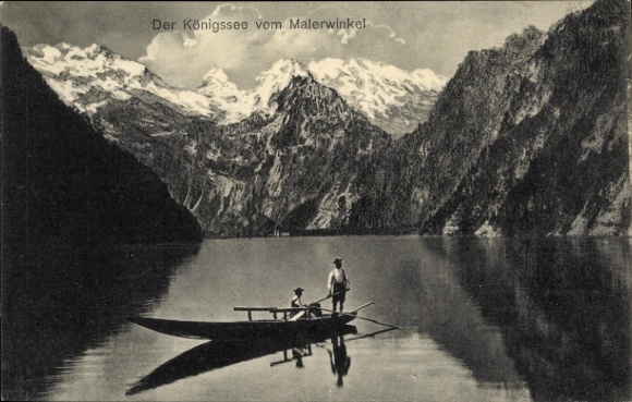 Postcard Königsee Königssee Upper Bavaria, mountain landscape, lake, boat, two people, old PC