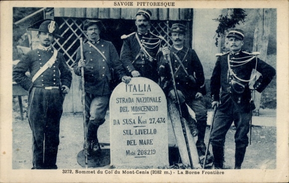 CPA Savoie, szczyt Col du Mont-Cenis, Borne Frontière
