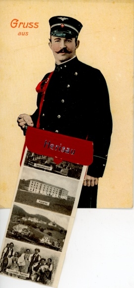 Leporello Postcard Herisau Canton Appenzell Ausserrhoden, barracks, group in traditional costume, postman