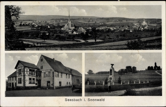 Postcard Seesbach im Soonwald, inn, view of the town, church, war memorial