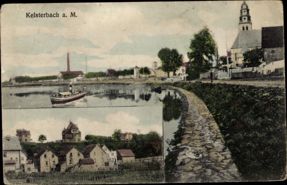 Postcard Kelsterbach in Hessen, city views, boat on the river, buildings