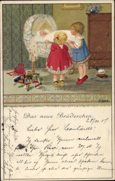 Artist PC Ebner, Pauli, children The new brother, children at the cradle, toys