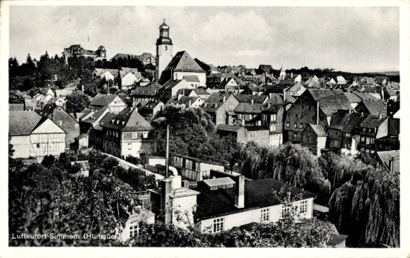 Postcard Simmern in the Hunsrück, climatic health resort town view with many houses and church tower