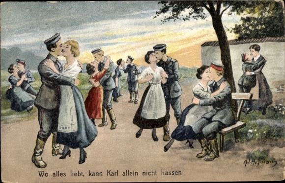 Künstler Ak Hoffmann, Ad., Tanzpaare, Soldaten, Liebespaare, Wo alles liebt, kann Karl allen...