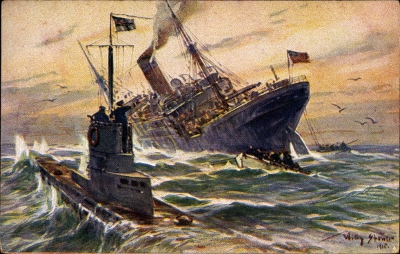 Artist PC Stöwer, Willy, Destruction of an English merchant steamer by a German U-boat
