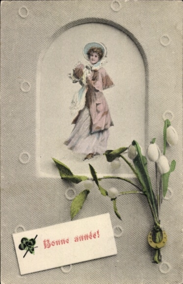 Postcard Congratulations New Year, woman portrait, snowdrops