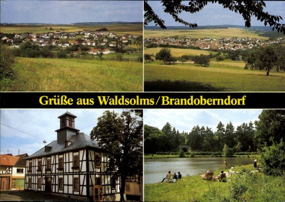 Postcard Brandoberndorf Waldsolms in Hesse, total views, half-timbered house, lake