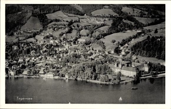 Postcard Tegernsee in Upper Bavaria, aerial photograph, lake, hill, town, building