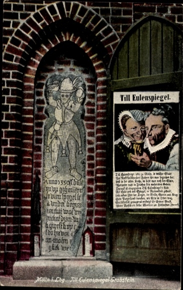Postcard Mölln in the Duchy of Lauenburg, Till Eulenspiegel gravestone, inscription, colorful illustration