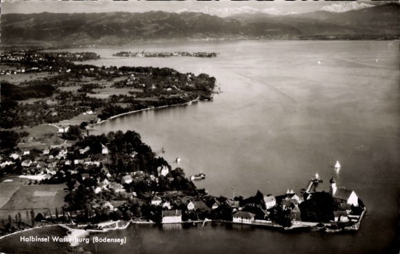 Ak Wasserburg am Bodensee Schwaben, Luftaufnahme der Habinsel