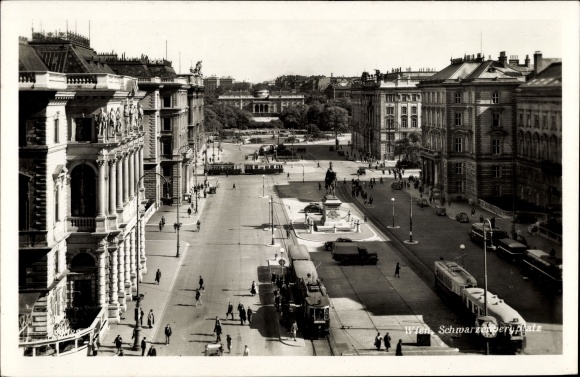 Postcard Vienna 3rd Landstrasse, Schwarzenberg Platz, trams, passers-by, monument, castle