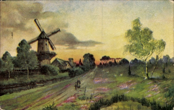 Artist Postcard landscape motif with windmill