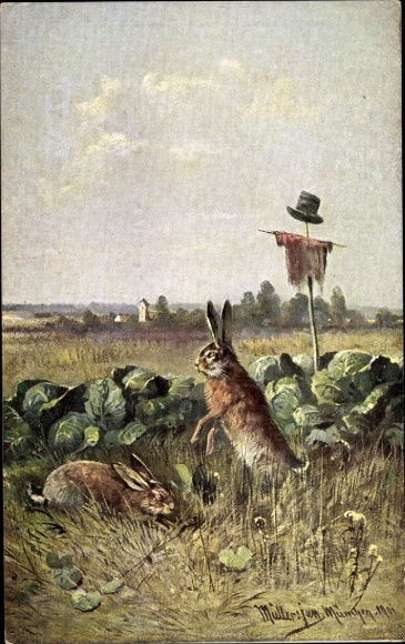 Artist Chromo-Litho Müller, rabbits eating cabbage, vegetables, scarecrow