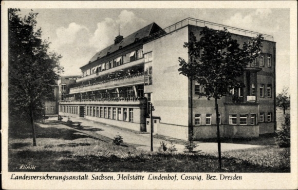 Postcard Coswig in Saxony, Clinic, State Insurance Institution of Saxony, Lindenhof Sanatorium, Building
