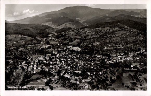 Postcard Kandern in the Black Forest Baden, aerial view of the town of Kandern, surrounding landscape, wide hills